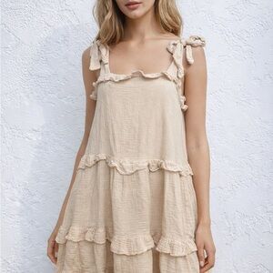 &Merci Beige Tiered Gauze Mini Dress Tie Strap Ruffle Cottagecore Boho S